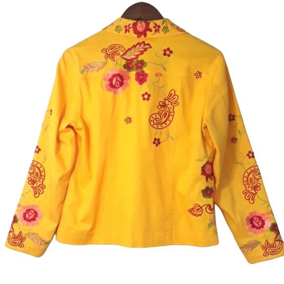 Womens Sz S Yellow Red Embroidered WesternY2K 90s Art To Wear Denim Jacket - Picture 2 of 13